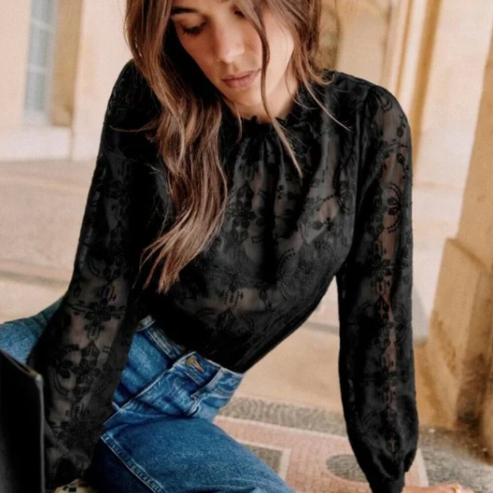 Sezane Valentine Blouse, black, size 38
